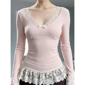 Sweet Girls Lace Patchwork Slim Fit Long Sleeve Top, Spring New Bow Hem Y2K Aesthetic, Casual Fashion for Women