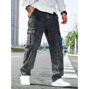 Men's Distressed Washed Cotton Blend Denim Cargo Jeans - Solid, Loose Fit, Multi-Pocket, Straight, Regular Length, Button Closure, Comfortable Streetwear for Rugged Use, All Seasons
