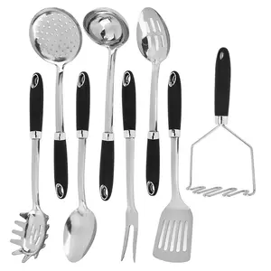 8-piece cooking set, 403 stainless steel kitchen utensils, heat-resistant metal kitchen tools including potato pancakeer, slotted spatula, fine-mesh spoon, strainer, strainer, food fork, pasta spoon. Ergonomic handles for easy cleaning.