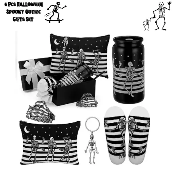 6PCS Halloween Gift Set | Gothic Skeleton Cup, Makeup Bag, Socks & Skull Hair Clips | Spooky Halloween Gifts for Women | Cute Goth Accessories | Office Desk Decor | Halloween Party Favors