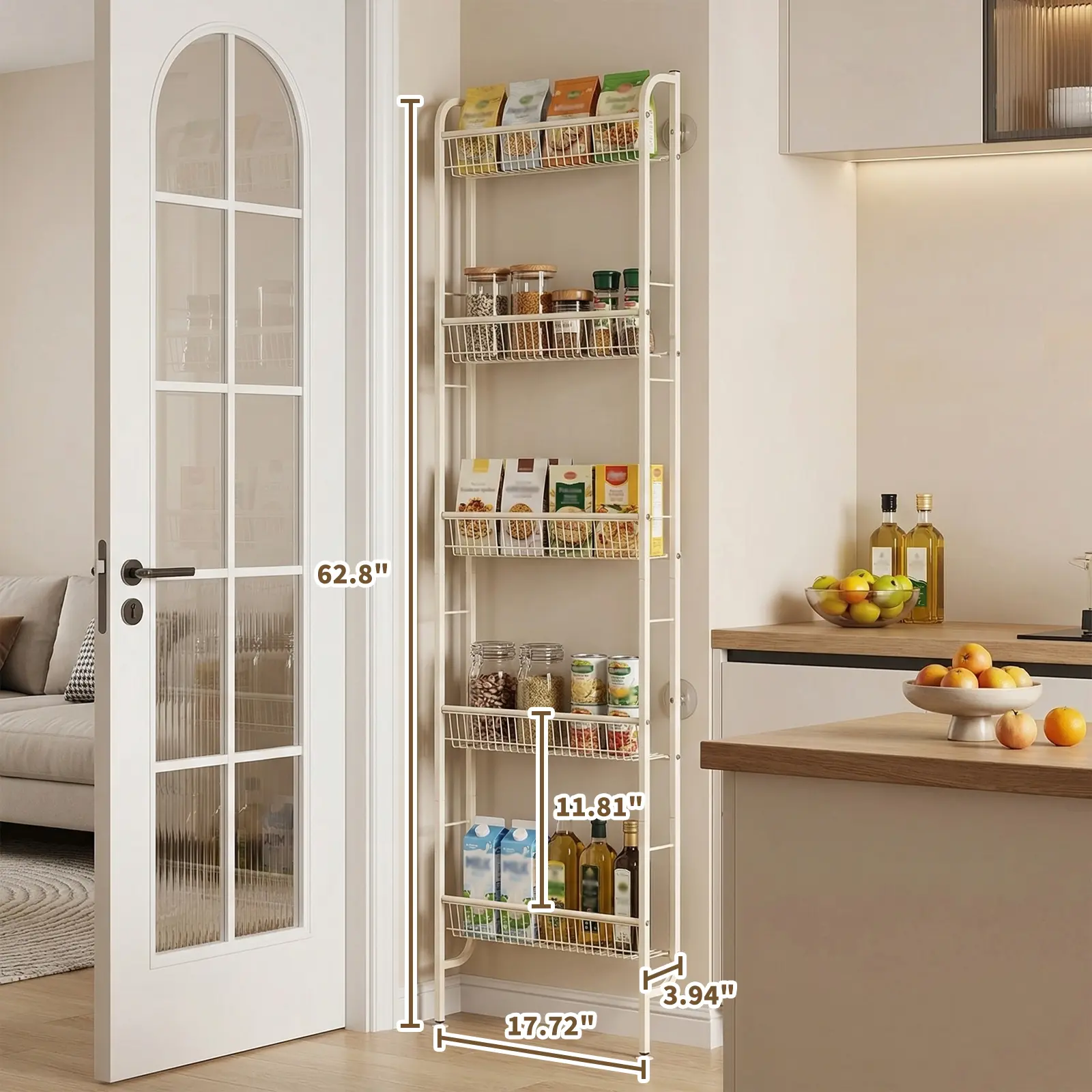 Behind Door Bathroom Shelf Narrow 5-Tier, Slim Storage Rack for Small Spaces with Anti-Slip Base, Freestanding Over The Door Organizer, Space Saving Shelving Unit for Bathroom Kitchen Pantry, Ivory