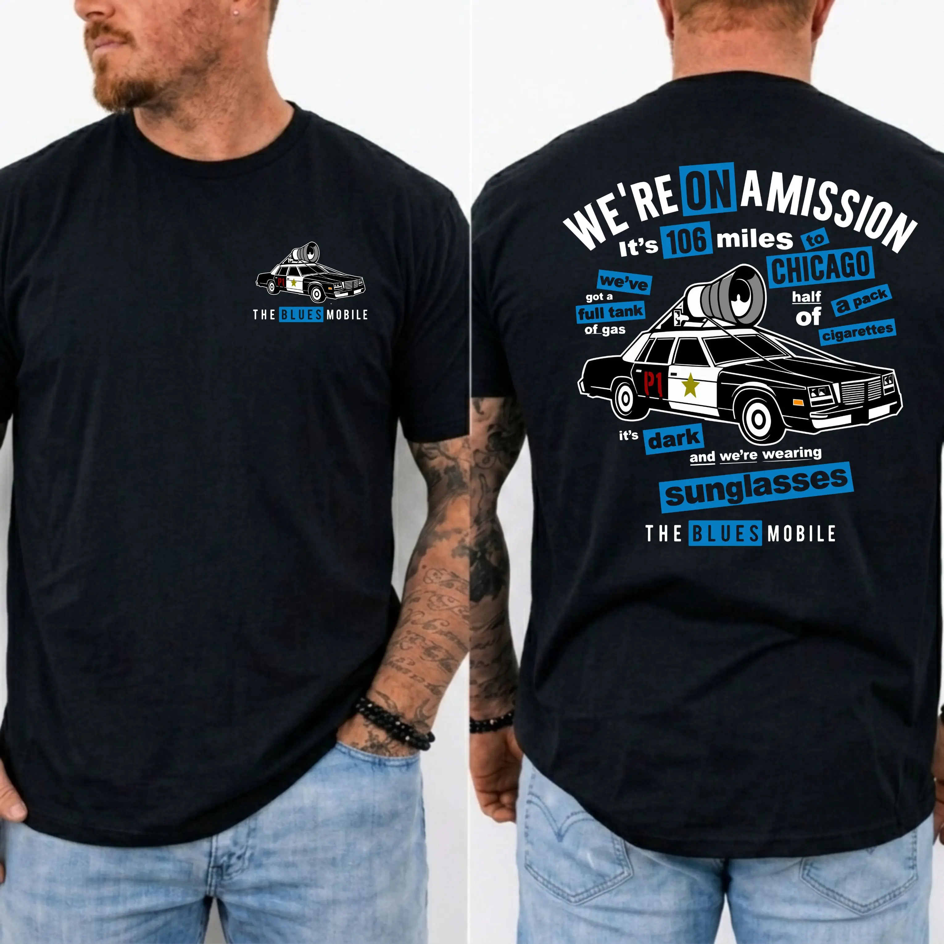 Blues Brothers We're On A Mission T-Shirt, Vintage Bluesmobile Car Graphic Tee, Classic 80s Movie Shirt, Gift For Fans