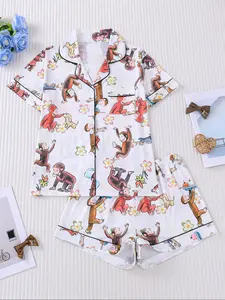 Women's Monkey Print Pajama Set, Short Sleeve Collared Button-Up Top & Elastic Shorts, Casual All-Season Sleepwear, Comfortable Home Wear Loungewear