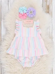 Pastel Striped Flutter Sleeve Top & Bloomers Set
