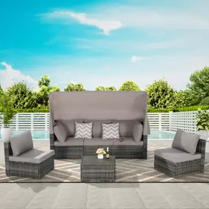 4 Piece Patio Furniture Set, Outdoor Wicker Daybed Furniture Set with Retractable Canopy, Patio Sectional Sofa Set with Storable Side Table & Soft Cushions, Chaise Chair Sunbed for Garden Poolside Backyard
