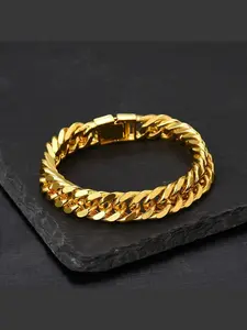 Men's Fashion Gold Plated 10mm Bracelet, Unique Bold Dual Buckle Trendy Punk Aesthetic Large Bracelet, Stylish Accessory for Men, Fashionable Bracelet