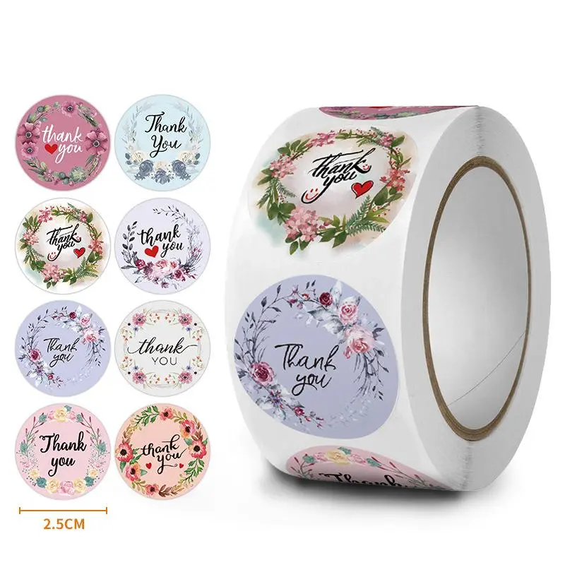 Floral Pattern Thank You Sticker (500pcs/roll), Waterproof Decorative Sticker, High Adhesive Stickers, DIY Decals for Gift Greeting Card Water Bottle Laptop Phone, Art Stickers, Decoration Sticker, Sticker Packs