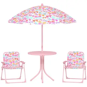 Qaba Kids Picnic Table, Outdoor Table with Foldable Chairs, Removable Umbrella, Buttefly Theme Children Outdoor Furniture, Pink