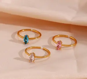 18K Gold Plate Marquise-Cut Ring with Adjustable Open Band - Available in Multiple Colors