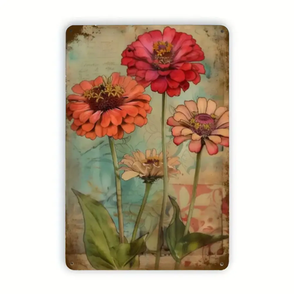 Retro Zinnia Metal Signs,Vintage Flowers Wall Decor,Warm Tone Flower Sign 12"x8",Gaint Floral,Personalized Signs,Aged Decor,Gift for Friends