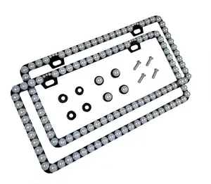 Dazzling Addiction 2 3D Bling License Plate Frames Big Chunky Pearls Creamy White on Black Frame Made in USA Handmade 1 Row Holder Screw Caps Personalizable Customizable Customized Bedazzled Sparkly Gift for Her Girls Women 2 Holes Crystals Diamond