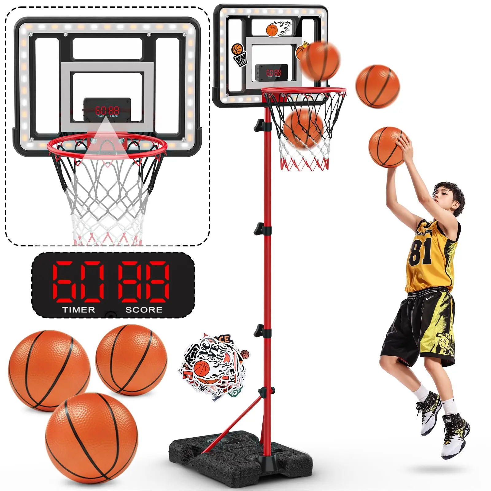 Basketball Hoop For With Stand  Adjustable Height Electronic Scoreboard And Led Light Indoor Outdoor Backyard Sport Game Gifts Toys 3 4 5 6 7 8