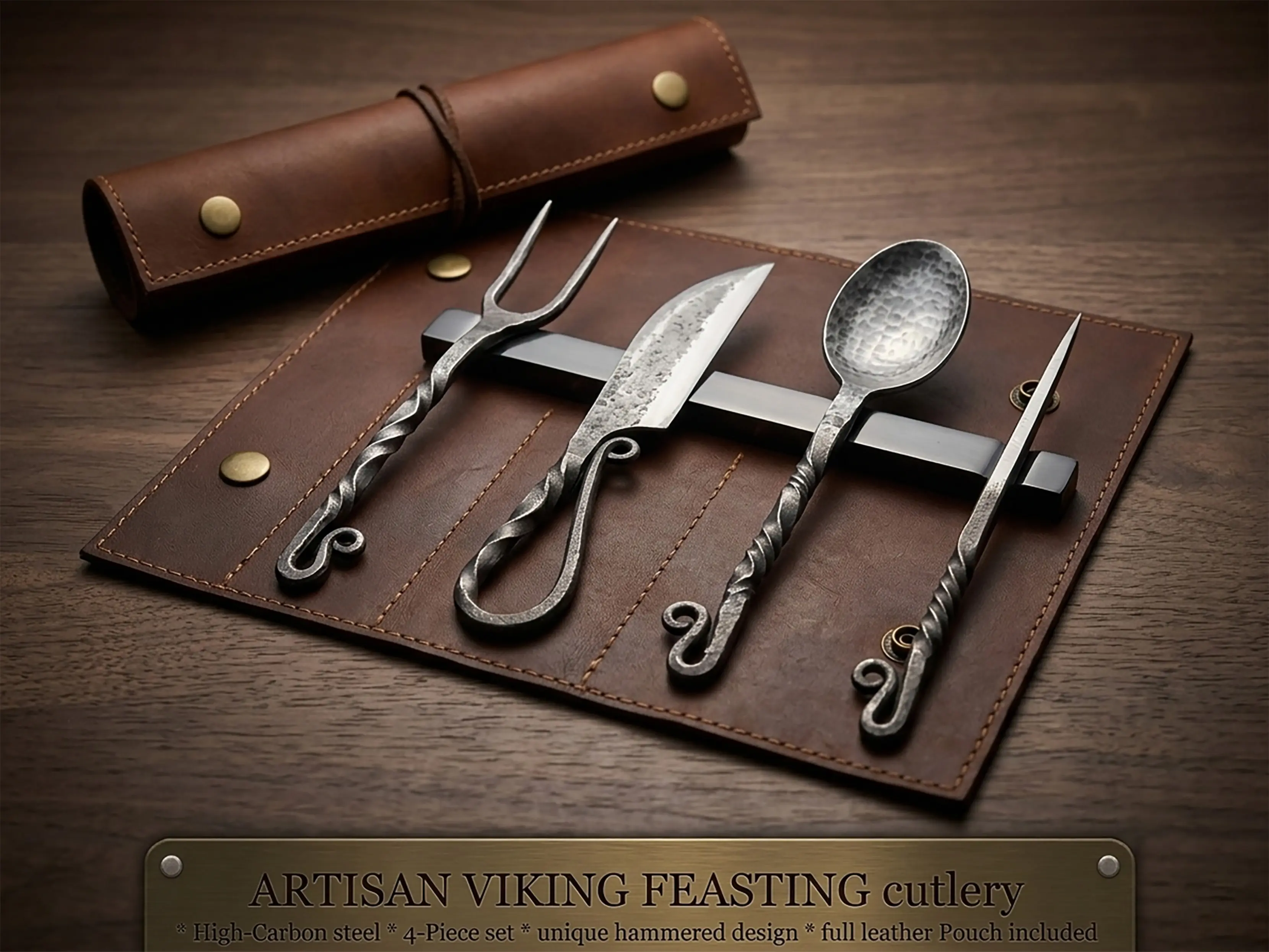 Hand Forged Viking Cutlery Set - Twisted Handle Blade Utensils with Loop, Steak Spoon, Medieval Feast Tableware, Halloween Costume Accessory Christmas Gift for Him