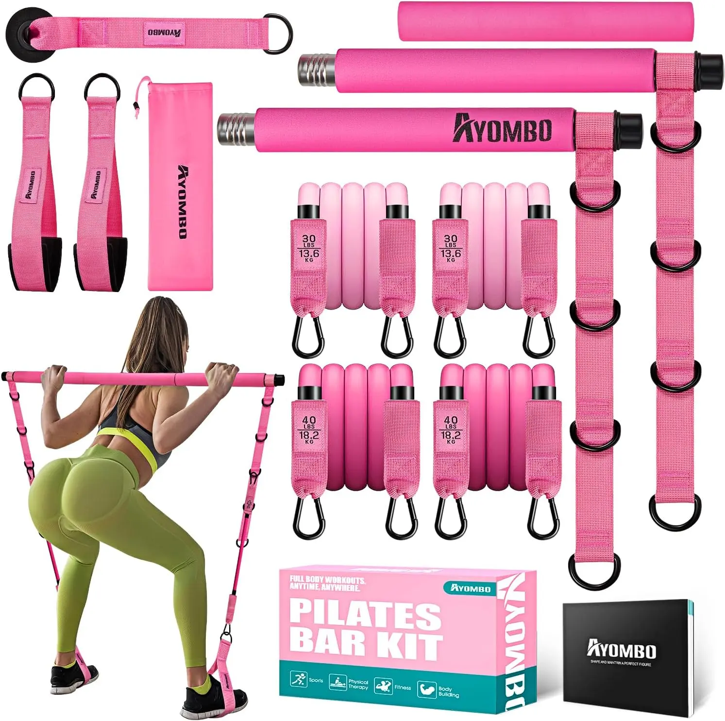 Pilates Bar Kit with Resistance Bands, Pilates Workout Equipment for Legs, Hip, Waist, Arm, Squats Exercise Equipment for Home Workouts, Adjustable 3-Section Pilates Bar Kit for Women & Men,Best Christmas Gifts for Dads/Moms/Boys/Girls summerwins