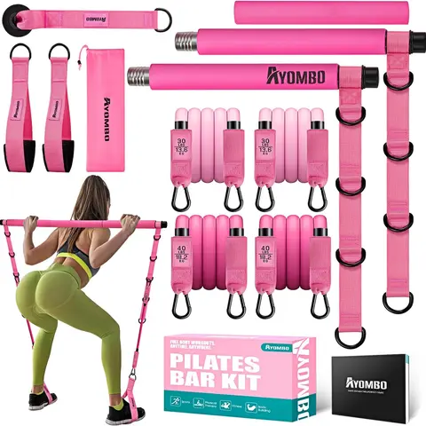 HPYGN Stainless Steel 3-Section Adjustable Pilates Bar Kit with Fitness Bands, Foam Grip, Door Anchor Compatibility, Home Workout Gear, Gym Equipment for Leg, Hip Training (Ideal for Women, Great Gift)