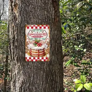Vintage Christmas Gingerbread Bakery Metal Tin Sign - Rustic Holiday Wall Decor for Home, Cafe, Bar, Garage - Red & White Checkered Background with Festive Cake Design, English Text, Iron Material, Christmas Home Decor