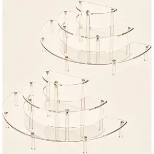 Clear Display Stand Organizer 3 Tier Acrylic Shelf for Dessert Cupcake Perfume, Half Moon Shaped Multi-Purpose Riser, Sturdy Stackable Food Safe Stand, Versatile Collection Showcase for Retail Home Decor Racks