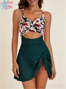 ActiveFury | Tummy Control Floral Swim Dress with Skirt, Crisscross Back Beachwear for Women