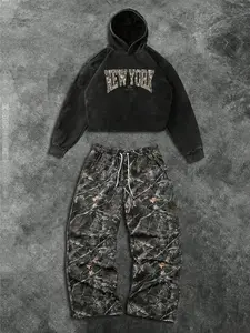 Men's Cotton Two-Piece Hooded Sweatshirt Set, Camo New York Graphic Print Hoodie and Casual Long Pants, Loose Fit Street Fashion for Spring Fall Winter