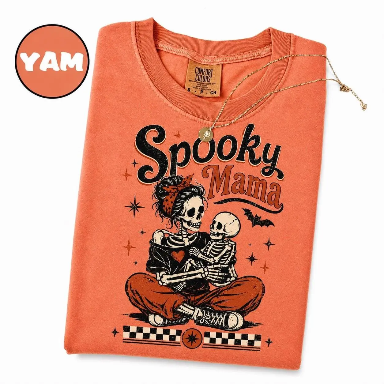 Comfort Colors Spooky Mama Skeleton Halloween Shirt, Retro Checkered Momster Graphic Tee, Cute Season T-Shirt for Moms, Fall Horror Outfit, Gift for Halloween Moms