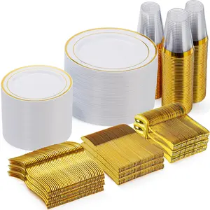 600 Pieces Gold Disposable Plates for 100 Guests, Plastic Plates for Party, Dinnerware Set of 100 Dinner Plates, 100 Salad Plates, 100 Spoons, 100 Forks, 100 Knives, 100 Cups