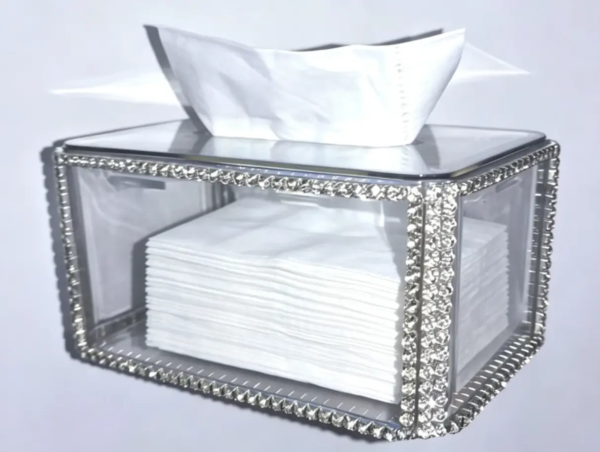 Luxury Bling Acrylic Tissue Box Cover, Clear Rhinestone Tissue Holder with Magnetic Lid, Decorative Tissue Box