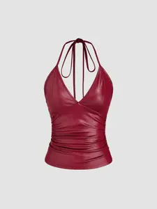 Summer New Fashion PU Leather Halter Top, Sleeveless Slim Fit Backless Tank Top, Stylish T-Shirt for Women