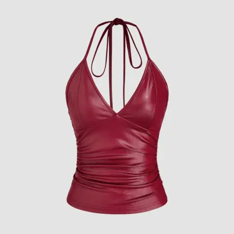 Women's PU Leather Halter Neck Top, Stylish Backless Sleeveless Slim-Fit Top for Women