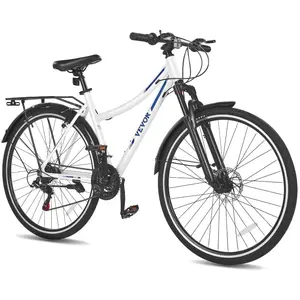 VEVOR Hybrid Bike, Lightweight Aluminum Frame Bike, 700c Wheel Men and Women Hybrid Bicycle, Step-Through Adult Urban City Commuter Bikes, 21-Speed Shimano Drivetrain, Dual Brakes, Front Suspension