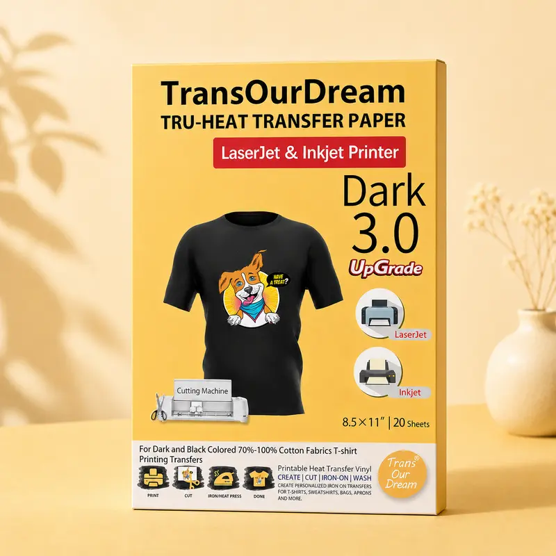TransOurDream Tru-Heat Transfer Paper for Inkjet-Laserjet Printers (20 Sheets, 8.5x11", Dark 3.0) - Cut & Print Machine Washable HTV for Cotton Fabrics, DIY Gifts for Friends, Father's Day, Easter, T-Shirts