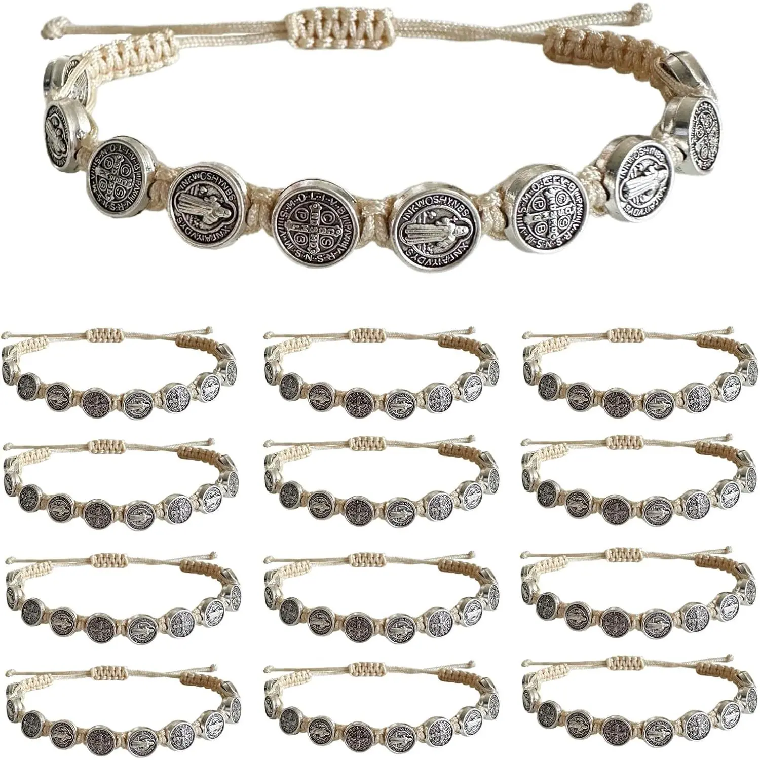 12 count  Benedict Bracelets Nature Color String Saint Benedict Rosary Bracelet Medalla De San Benito Catholic  For Men Women