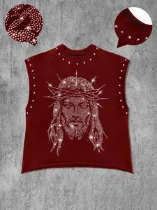 Men's Casual Sleeveless Vest with Rhinestone Graphic Jesus Print, Comfortable, Stylish and Aesthetic, Regular Fit, Perfect for Young Men Seeking Fashion