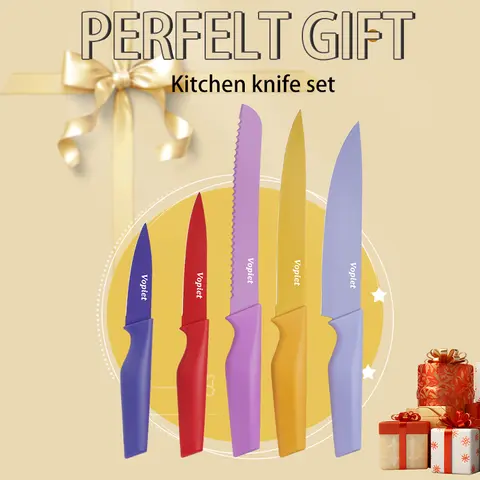 Stainless Steel 5-Piece Kitchen Knife Block Set - Durable Rustproof Knives Kitchen Set for Cooking, Including Cleaver, Chef, Bread, Fruit Blades, Tough Meat Chop Capability, Ideal New Year's Gift for Home Use