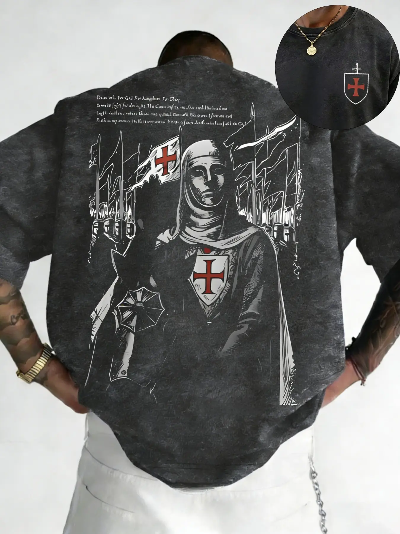 Men's Washed Distressed Templar Knight Baggy Loose T-Shirt, Short Sleeve, Crusader Graphic Print, Cross Badge, Medieval Text, 100% Soft Breathable Cotton, Y2K Grunge Vintage Classic Casual Streetwear Style