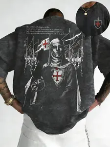 Men's Washed Templar Knight Loose T-Shirt, Crusader Graphic Print, Cross Badge, Medieval Text, 100% Soft Breathable Cotton, Y2K Grunge Vintage Casual Style