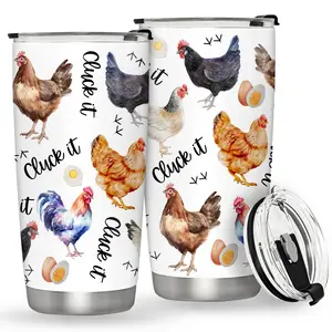 Rooster & Hen Pattern Tumbler, 1 Count Stainless Steel Double Wall Insulated Travel Mug with Straw & Straw Brush, Drinking Cup for Outdoor Car Travel, Drinkware, Double Layer Insulated