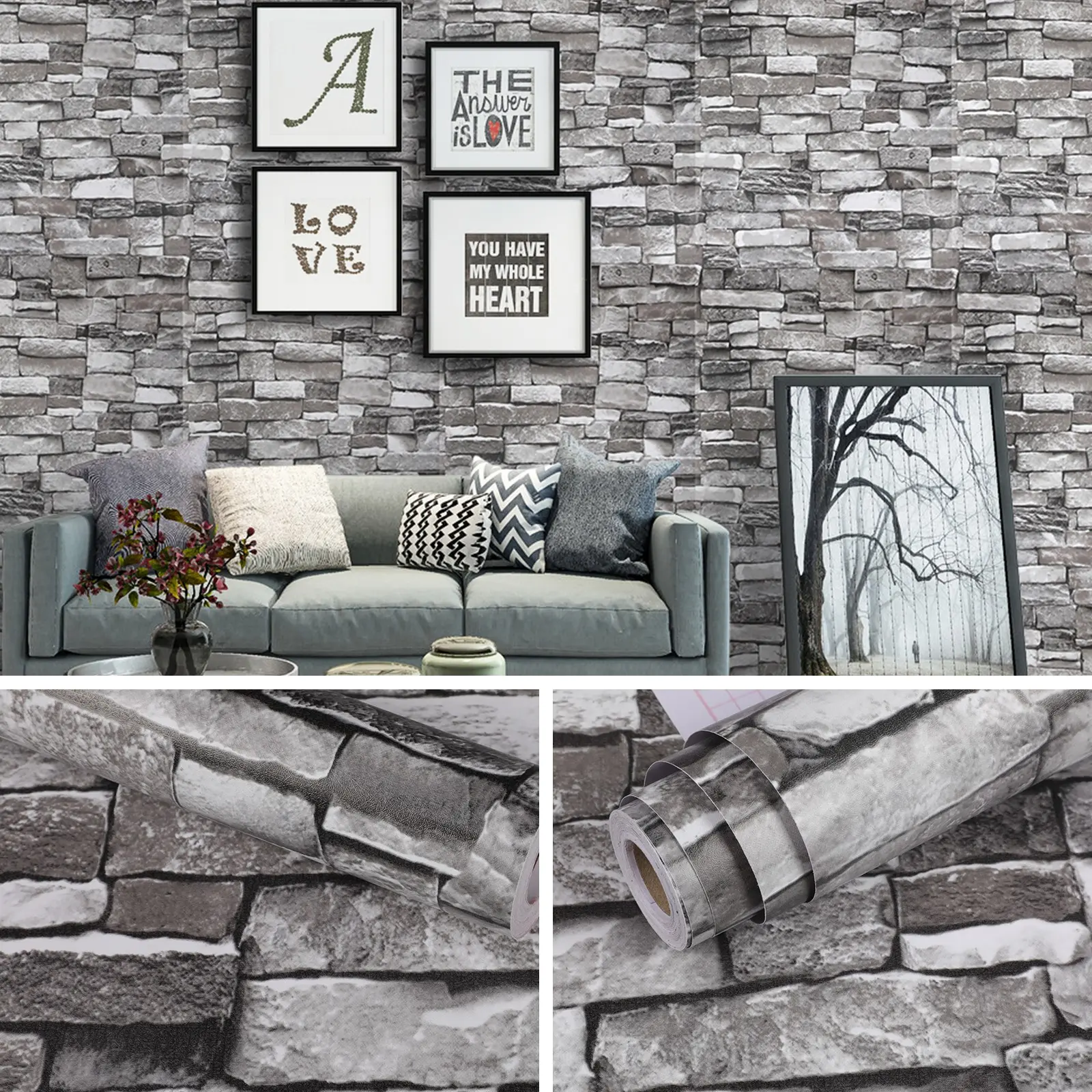 Stone Brick Self-Adhesive Wallpaper Roll, Peel and Stick, Waterproof, Removable, for Living Room, Bedroom, Fireplace, Kitchen Backsplash