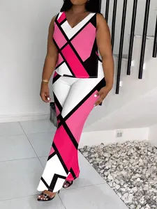 Women's Plus Size Fashion 2-Piece Digital Geometric Print Sport Set - Sleeveless V-Neck Hem Slit Top, High Waist Loose-Fitting Strapless Pants, Stretch Casual Sportswear for Casual Use