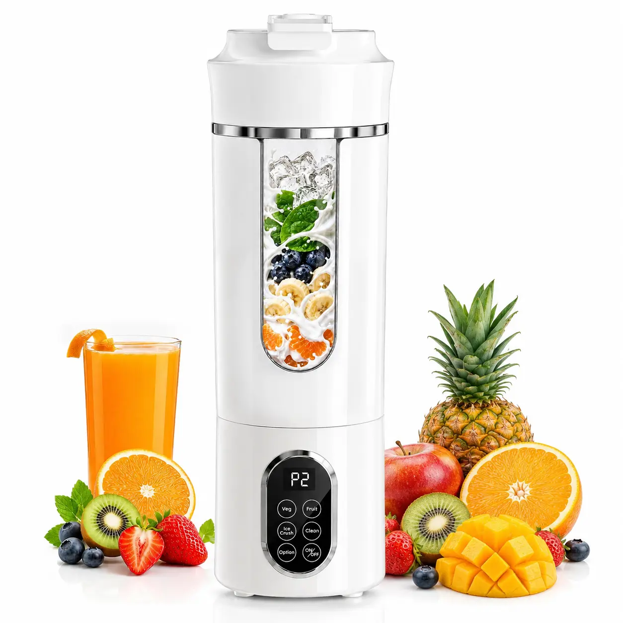 18oz Portable Blender, Personal Smoothie Maker, USB-C Cordless, 12 Stainless Steel Blades, Leakproof Travel Cup, Digital One-Touch Self-Clean for Gym Home Office, (White)