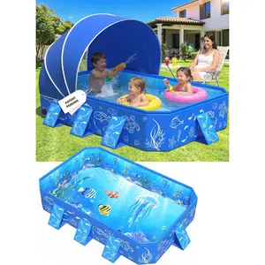 2026 Non-Inflatable Portable Foldable Kiddie Pool with Canopy Shade, Pop Up Baby Swimming Pool for Toddler Kids, Ideal for Backyard Beach 53''*40''*33''