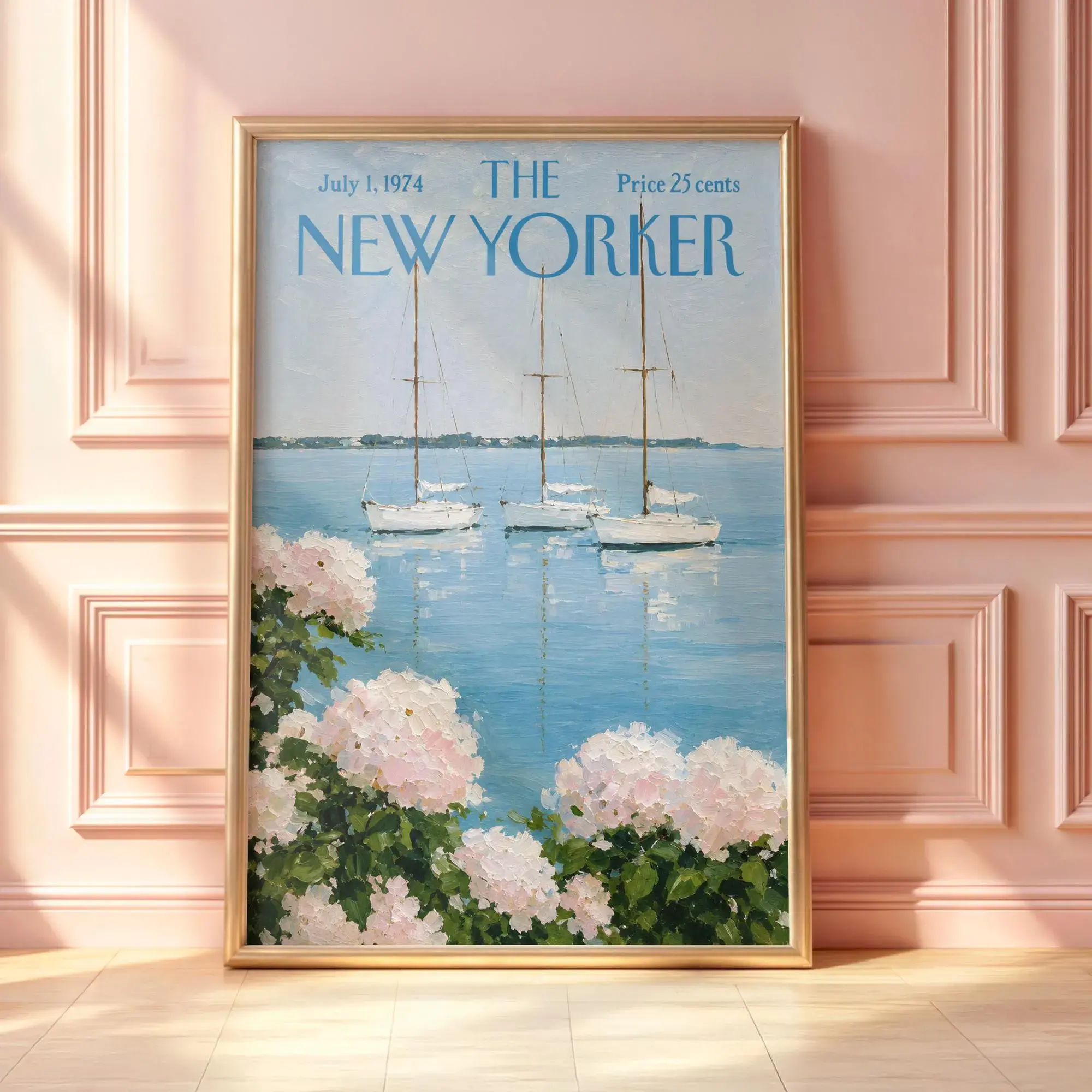 Vintage New York Sailboat Poster (Unframed), Coastal Harbor Wall Art, Hydrangea Seaside Print, Nautical Magazine Cover, New England Summer