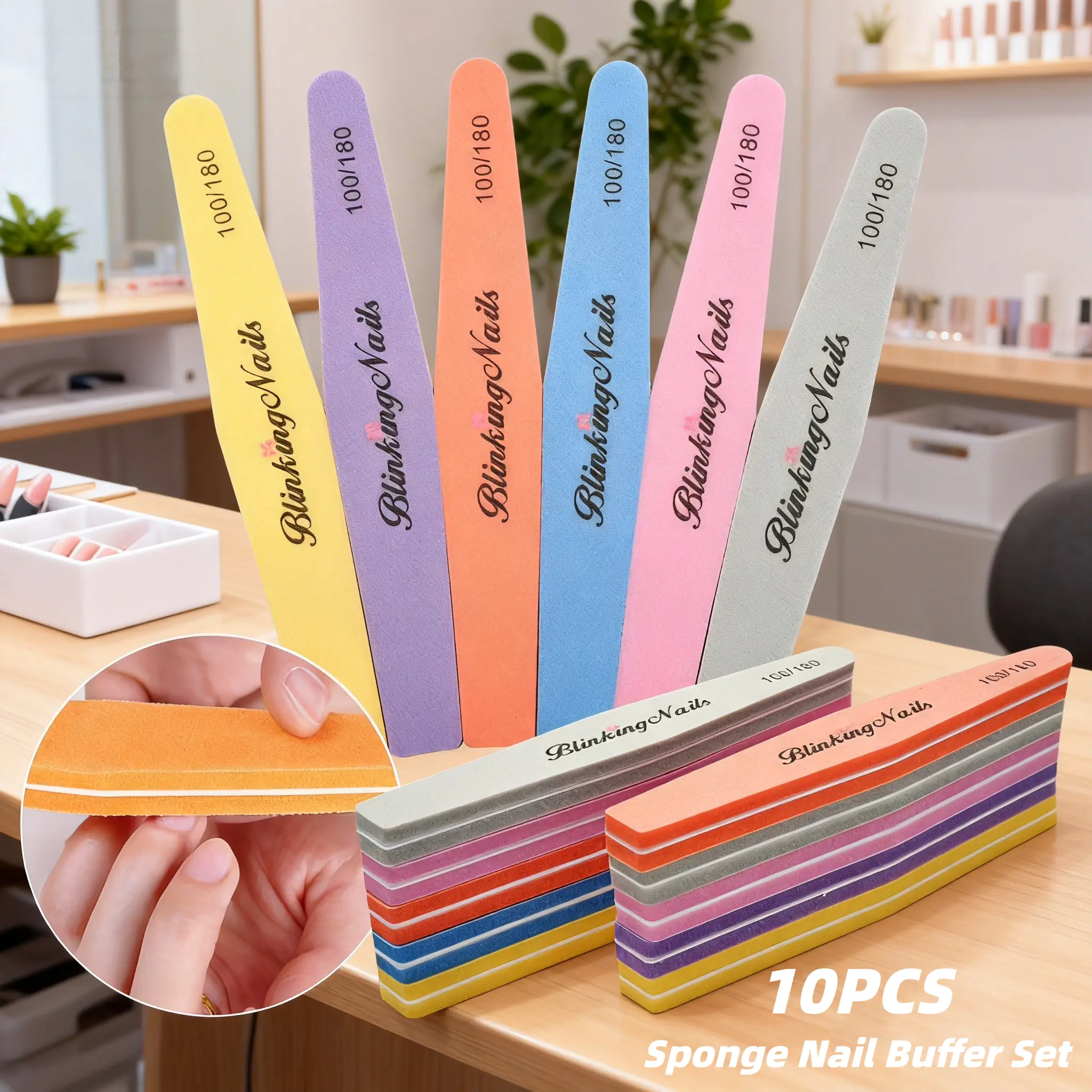 10PCS Colorful Sponge Nail Buffer Set – Double-Sided 100/180 Grit Files for Shaping & Shining Nails, Washable Reusable Manicure Tools for DIY Nail Art or Salon Care