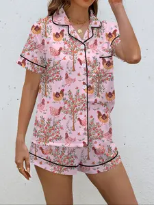 Women's Casual Fitted Sleepwear Loungewear Pajama Set, Short Sleeve Open Front Top & Elastic Long Pants, All-Season Comfortable Home Wear