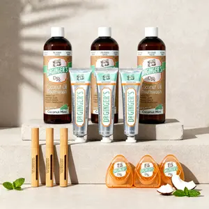 Dr. Ginger's Radiant Smile Family Kit: 3 Whitening mouthwash 3 Whitening Toothpastes 3 Oil Pulling Flosses 3 Whitening Pens Oral w Organic Coconut Oil Minty Fresh