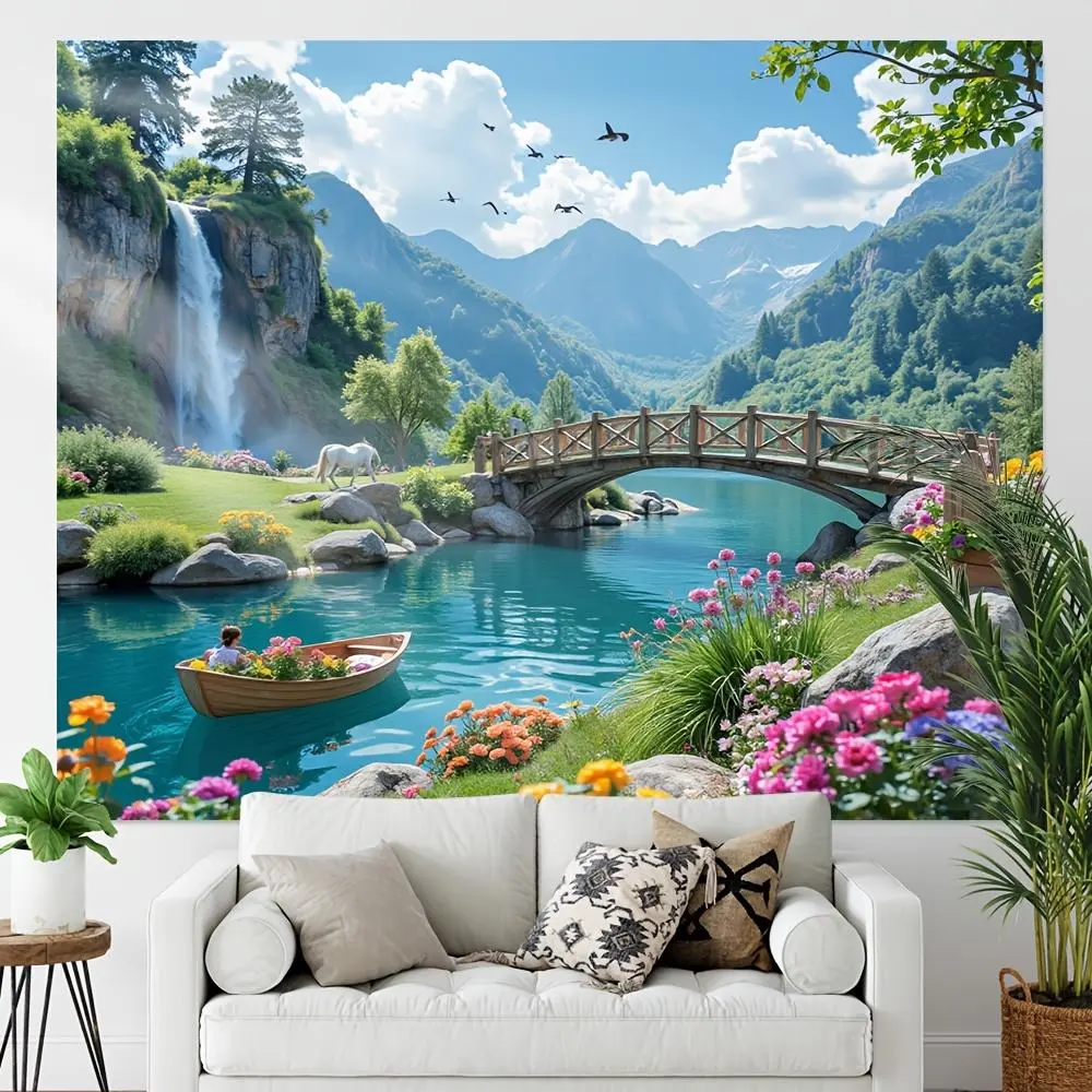 1PC Printed Polyester 2D Flat Dreamy Landscape Waterfall Flower Door Banner - Happy Birthday Festive Decor, Home Decor Supplies, Indoor/Outdoor Tapestry Wall Mural, Reusable Photo Booth Backdrop