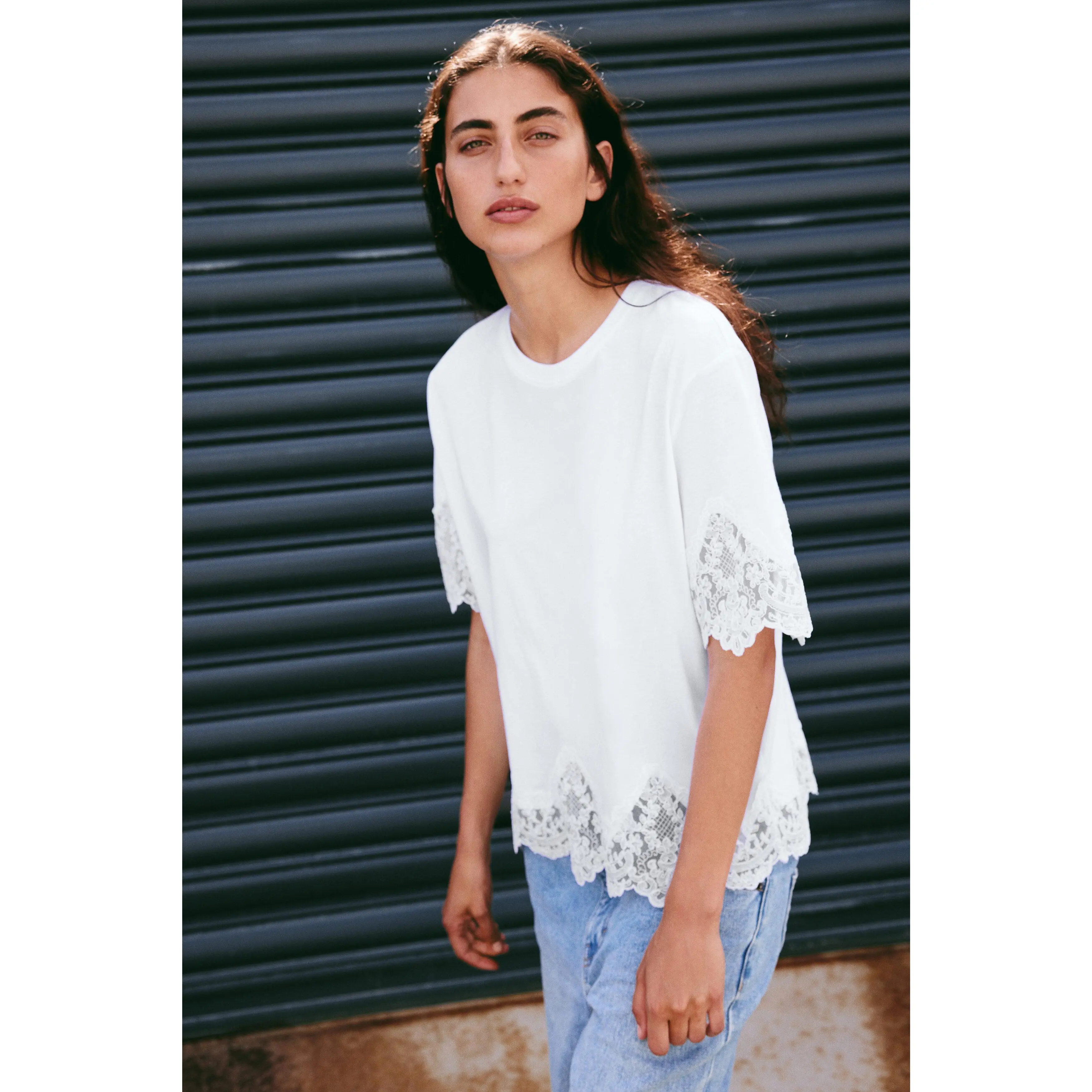 H&M Lace-trimmed cotton T-shirt