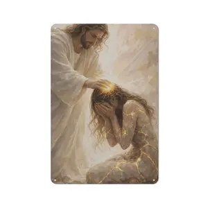 Religious Art Print - Jesus Healing the Woman with a Broken Heart, Home Decor Wall Art for Living Space 8*12in Gift Room Reflective Ornaments