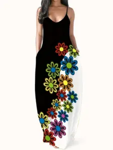 Women's Fashion Digital Print Floral Sexy V-Neck Long Dress, Strapless Cocktail Dress, Summer Casual Home Wear, Elegant Evening Gown