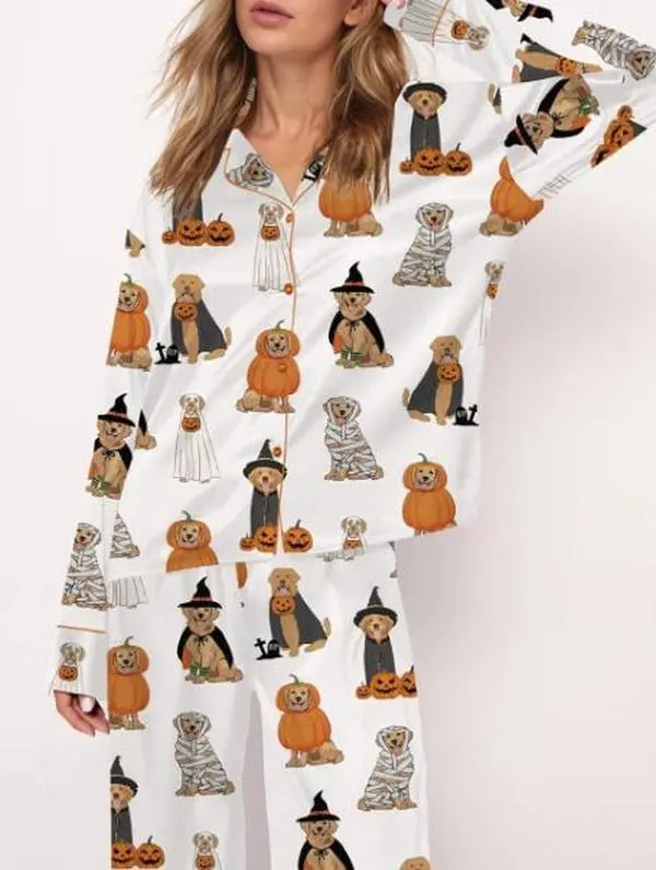 Golden Retriever Halloween Ghost Dogs Satin Pajama Set