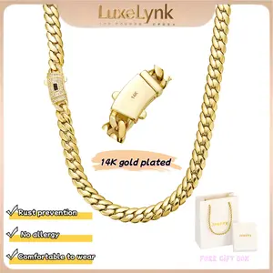 LuxeLynk 14K Gold Plated Cuban Link 8MM Necklace or Bracelet  with Horse's Tail Chain Design & Classic White Gemstone Width 8mm, length 16inch to 30inch available, men's necklace, women's necklace